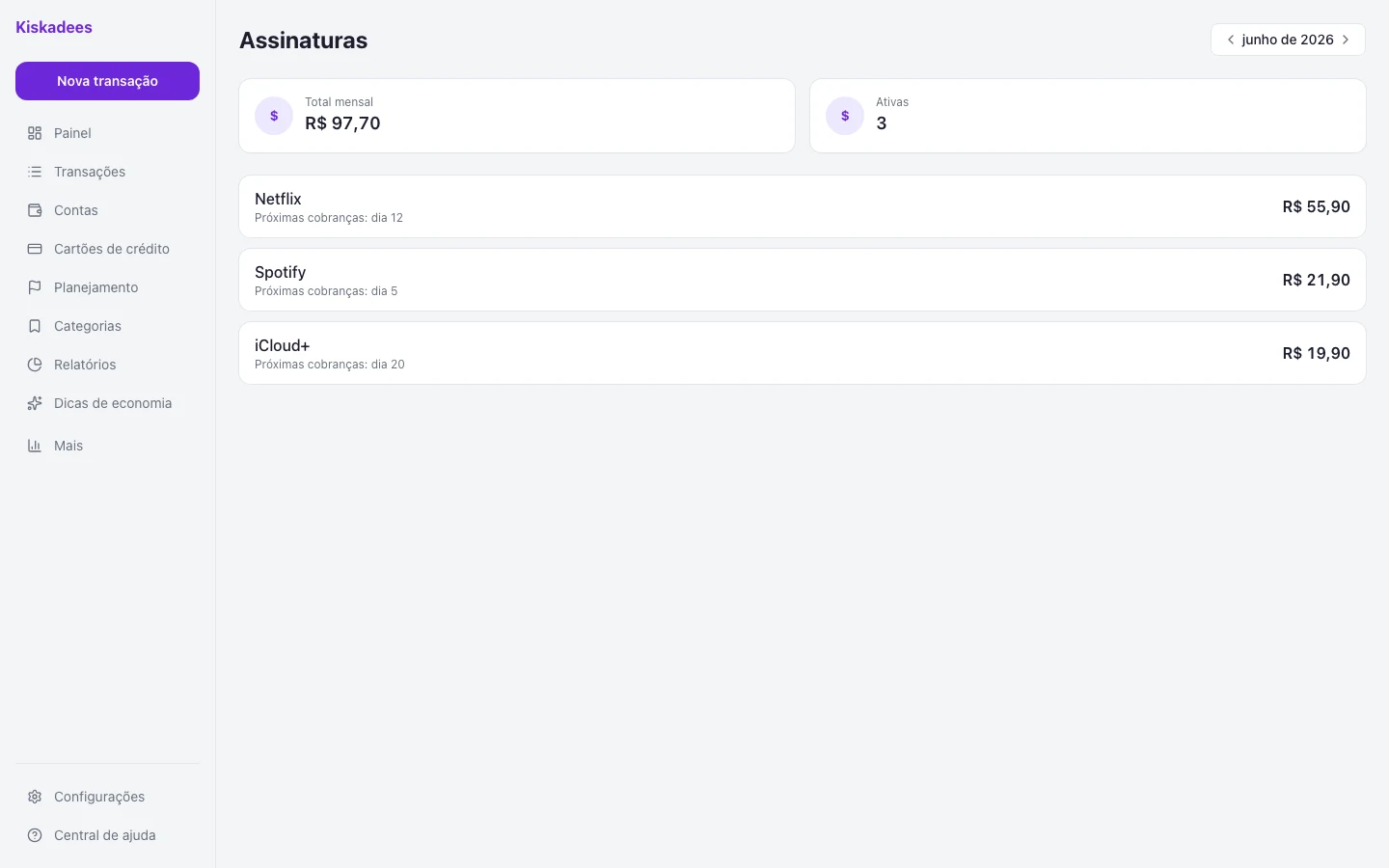 Subscrições — Kiskadees web